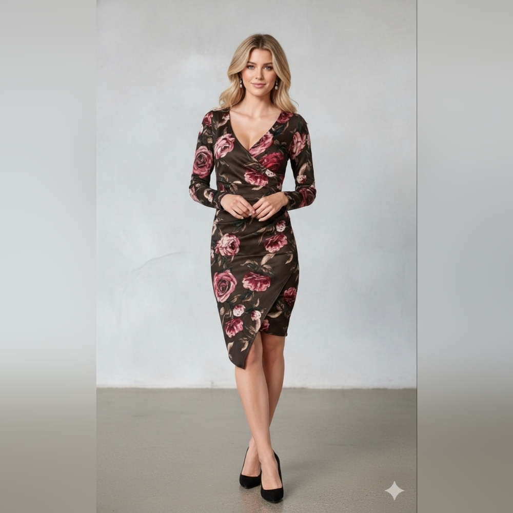 VENUS Bodycon Faux Wrap Brown Floral Print V-Neck Long Sleeve Dress. Size M
